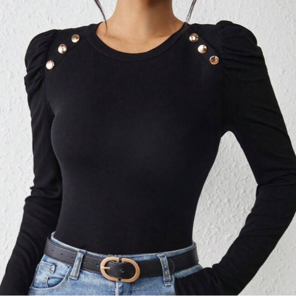 Black Puff Sleeve Button Knitted Top in M